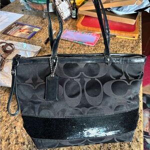 Coach Black C Signature Tote Bag with sequin accent band